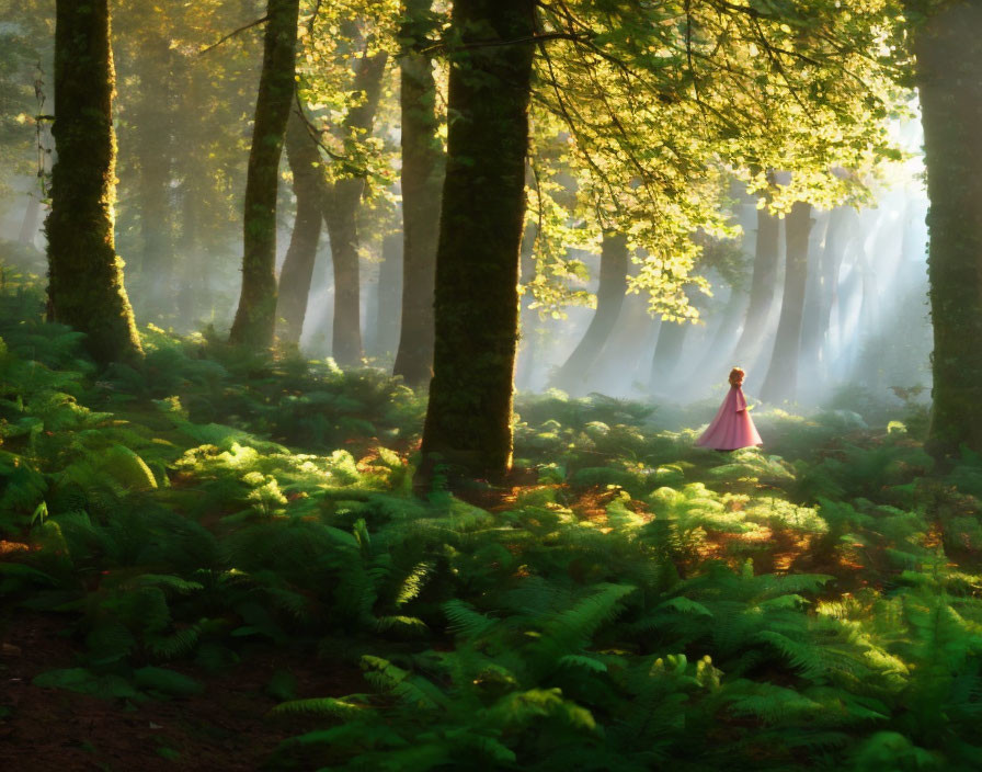 Person in Pink Dress in Enchanted Forest Scene