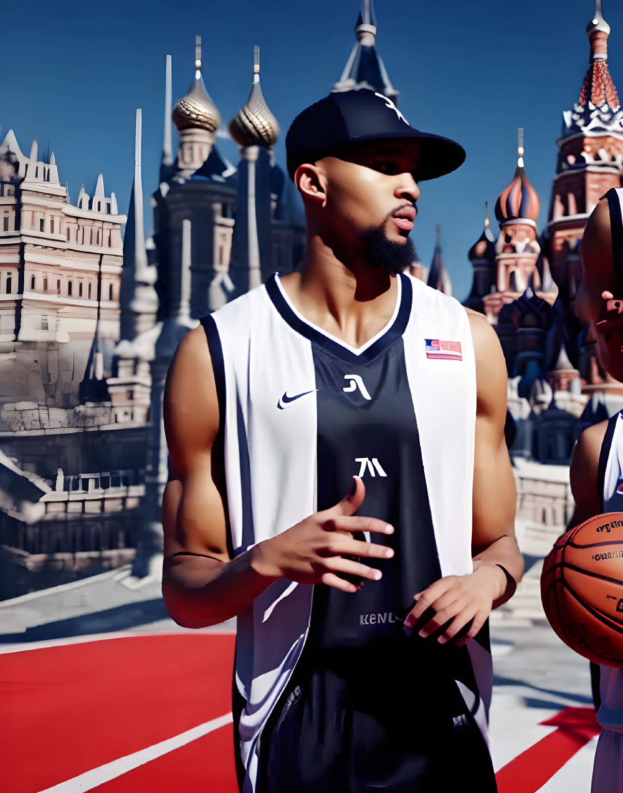 Basketball player in jersey converses on court with onion-domed buildings in background
