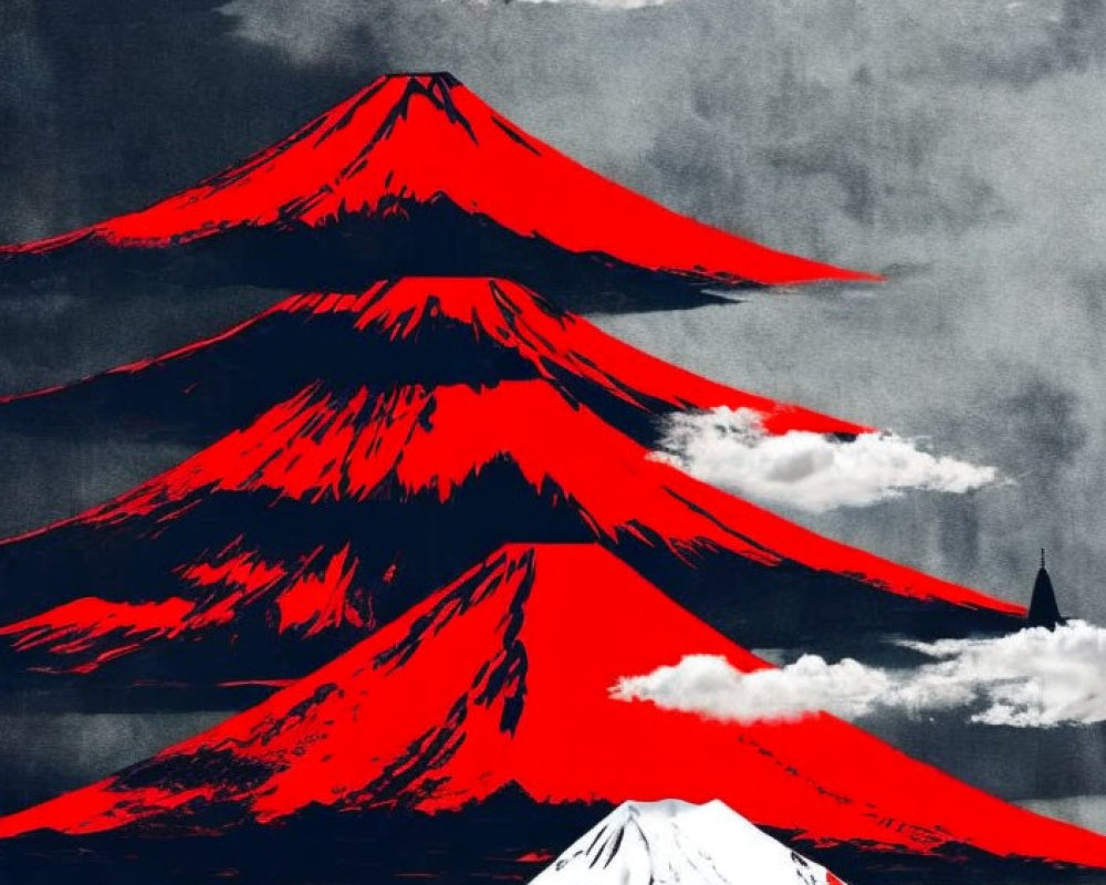 Mount Fuji Artwork: Stylized Red Accents on Grayscale Background
