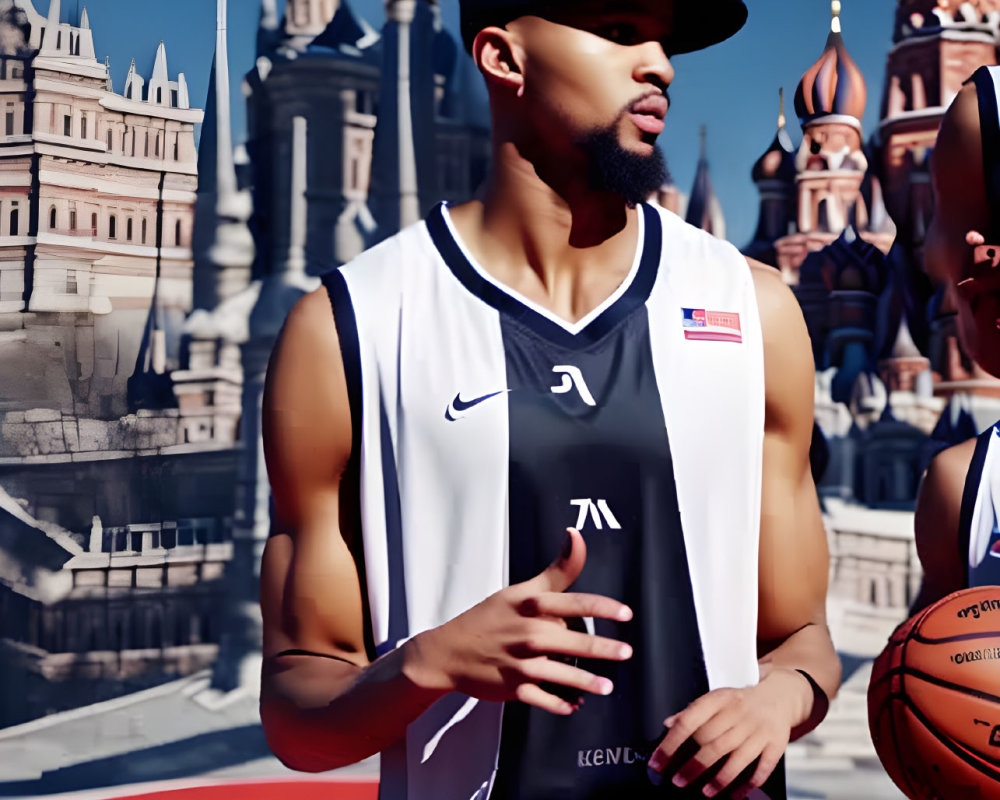 Basketball player in jersey converses on court with onion-domed buildings in background