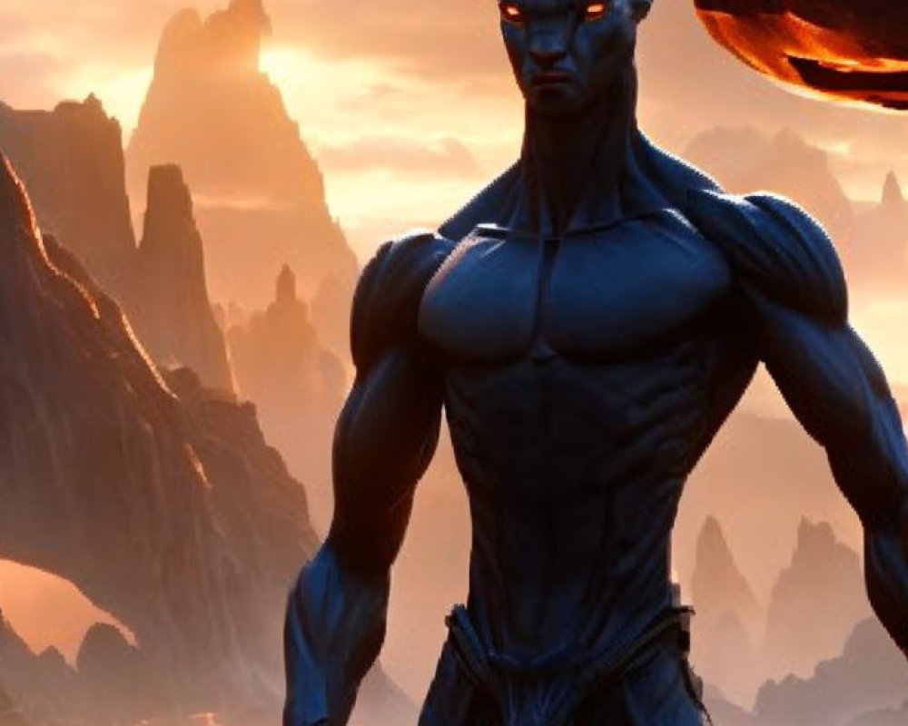 Blue humanoid alien in rocky sunset landscape with large planet.
