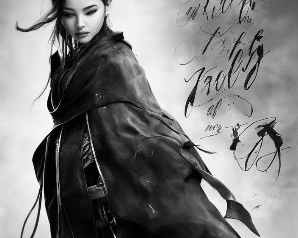 Monochrome image of woman in torn leather coat with flowing hair and calligraphy background