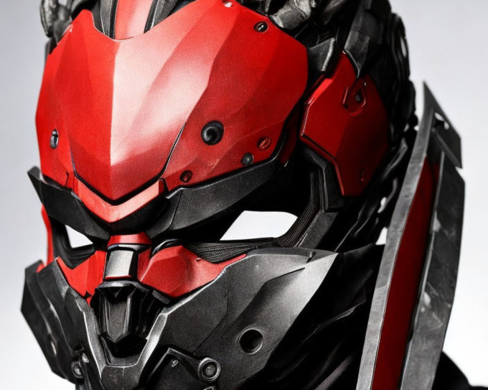 Detailed futuristic red and black helmet with horn-like protrusions
