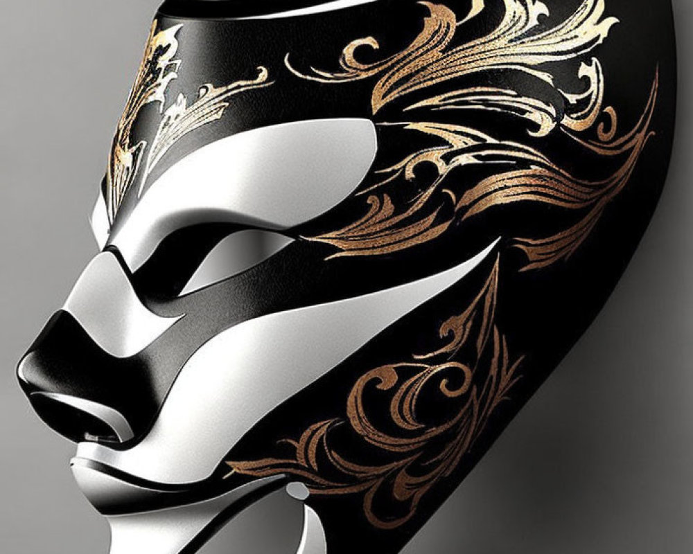 Intricate Gold and Bronze Floral Patterns on Elegant Black Masquerade Mask