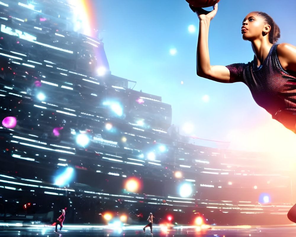 Female Basketball Player Shooting Against Futuristic Cityscape
