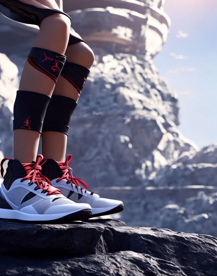 Person in Black Sports Shoes with Red Laces Sitting on Rock with Mountain Background
