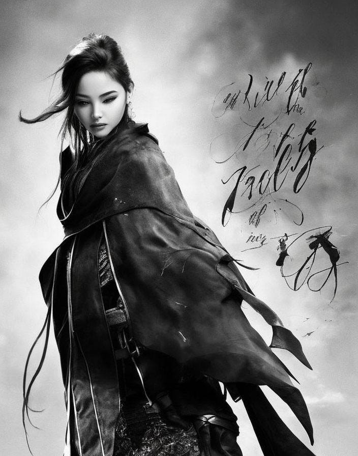 Monochrome image of woman in torn leather coat with flowing hair and calligraphy background