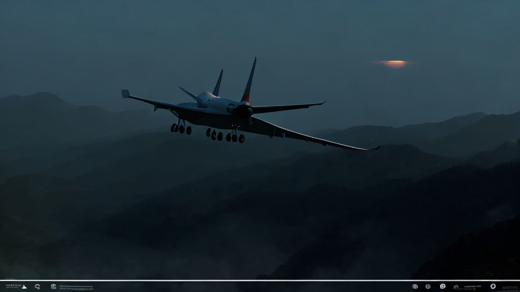 Airplane flying at dusk with landing gear down over hazy mountains and glowing horizon.