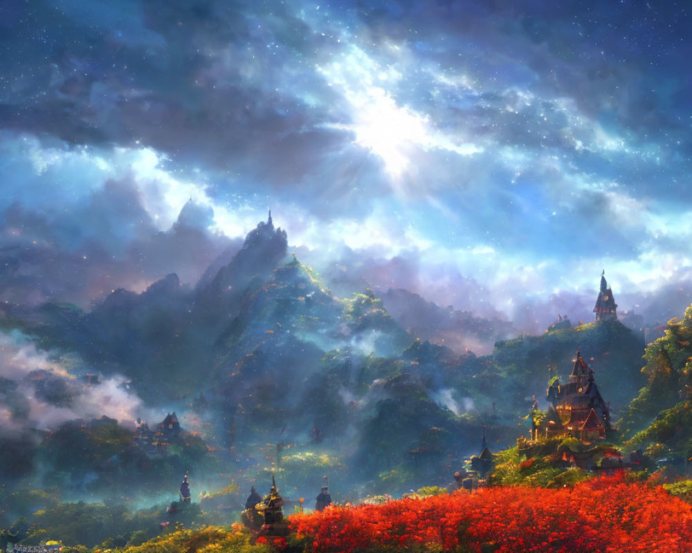 Mystical landscape with luminous skies and majestic mountains
