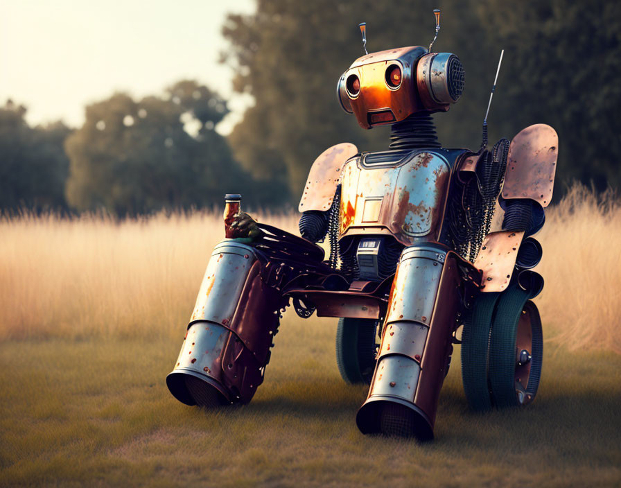 Rusty humanoid robot holding bottle in grassy field at sunset