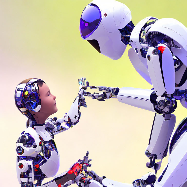 Child-like robot with visible brain circuitry interacts with larger humanoid robot on soft-colored background