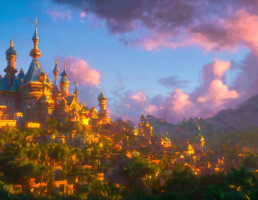 Vibrant fantasy landscape: Ornate castle at sunset