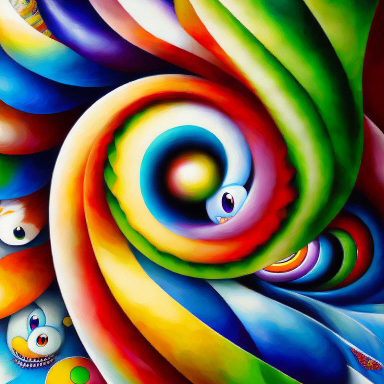 Colorful Abstract Painting with Swirling Pattern and Cartoonish Eyes
