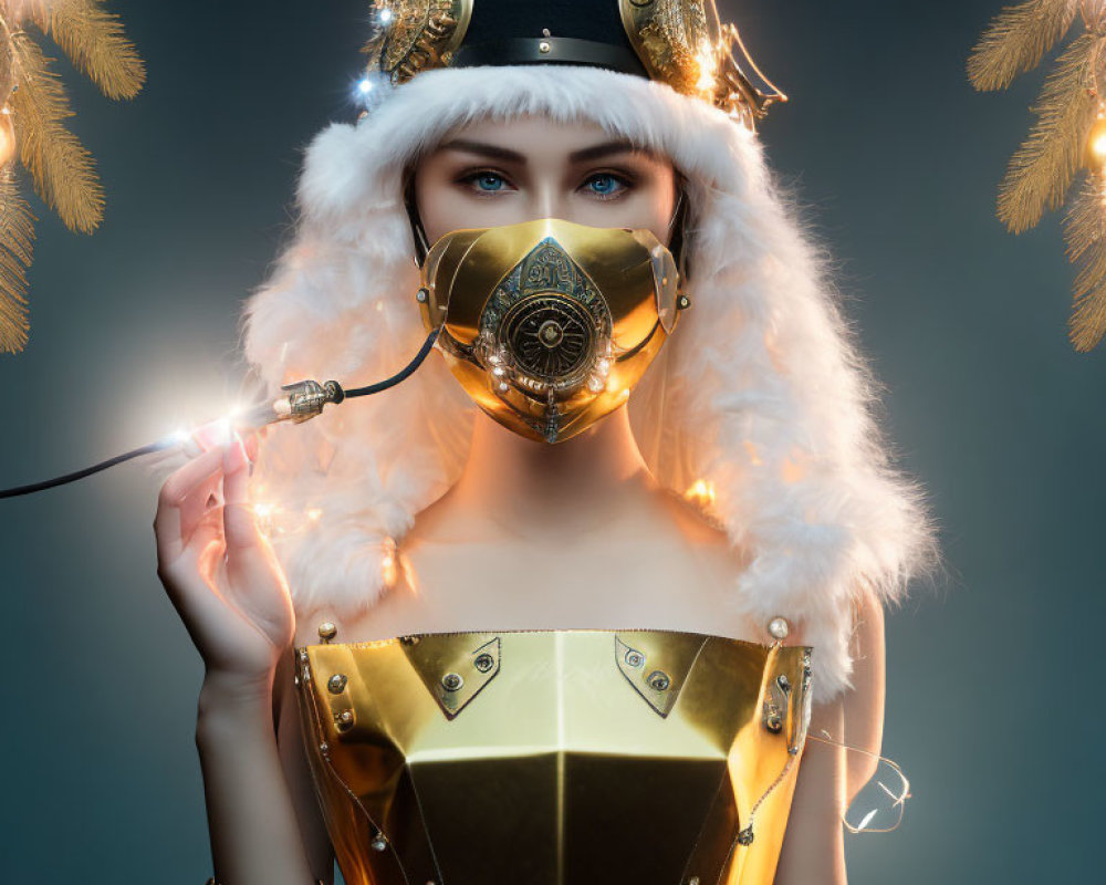 Fantasy warrior woman in golden armor with spear and gas mask on blue background