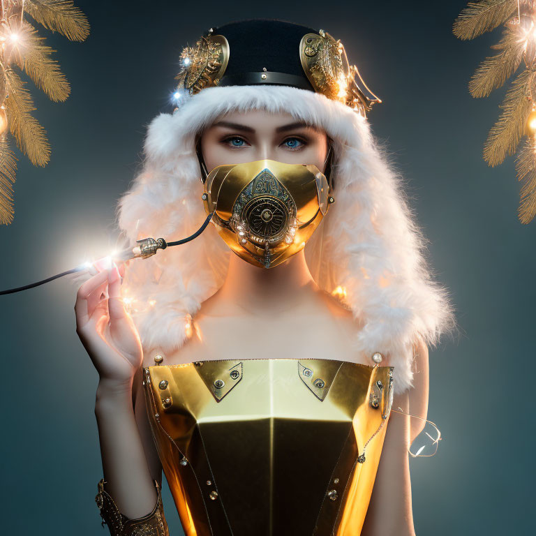 Fantasy warrior woman in golden armor with spear and gas mask on blue background
