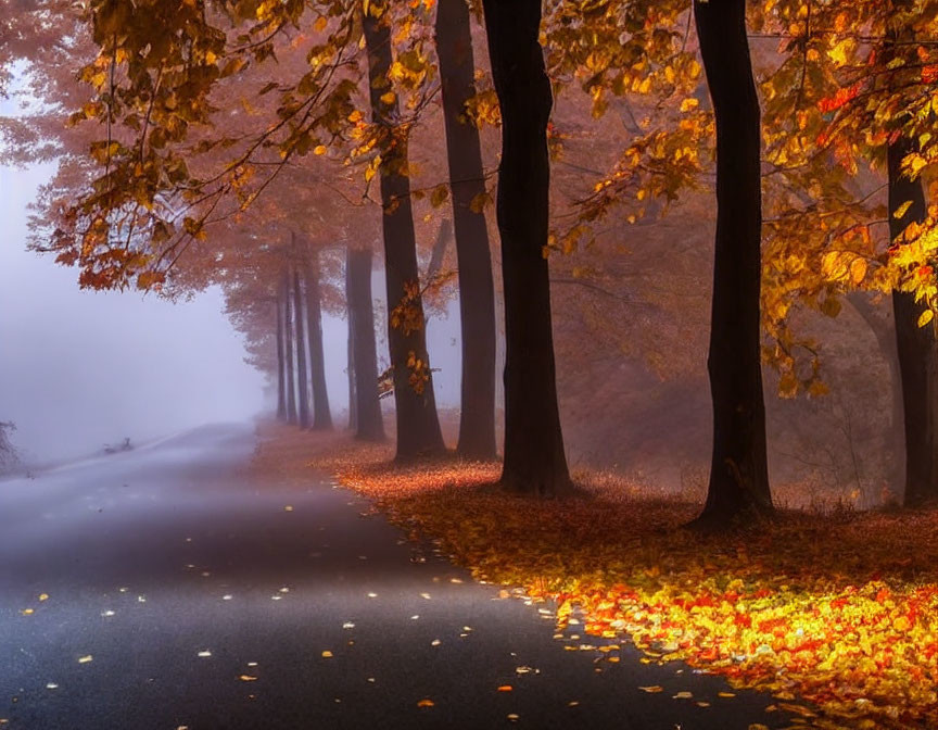 Tranquil autumn road with mist and colorful trees