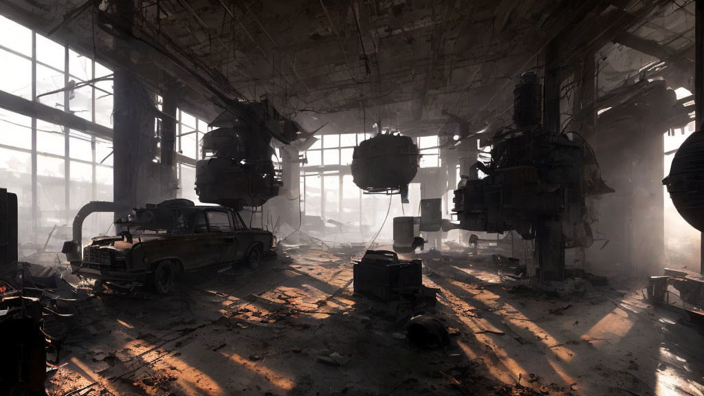 Abandoned industrial hall with dusty windows and dilapidated machinery