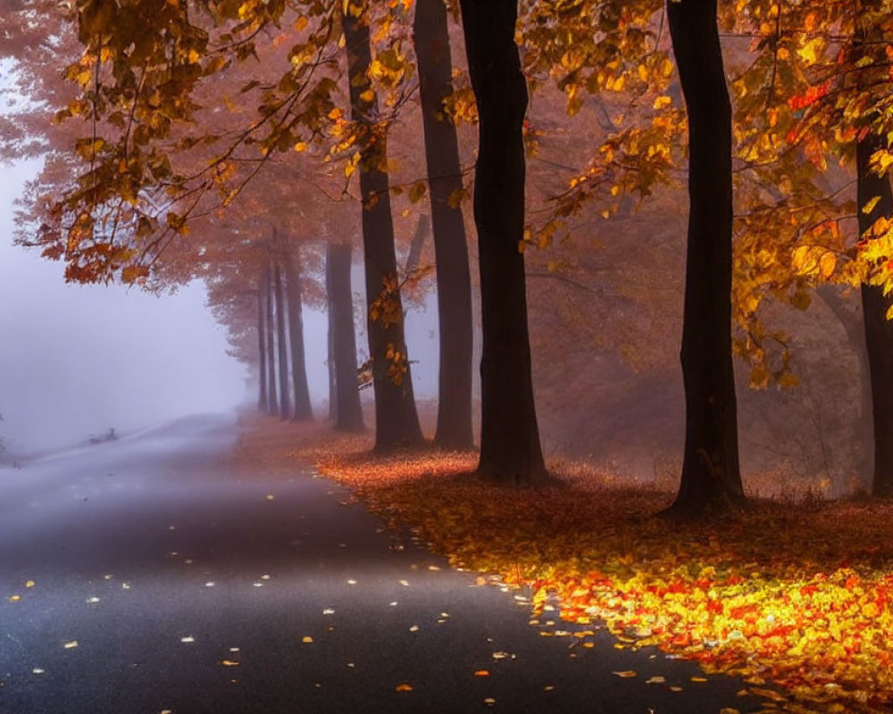 Tranquil autumn road with mist and colorful trees