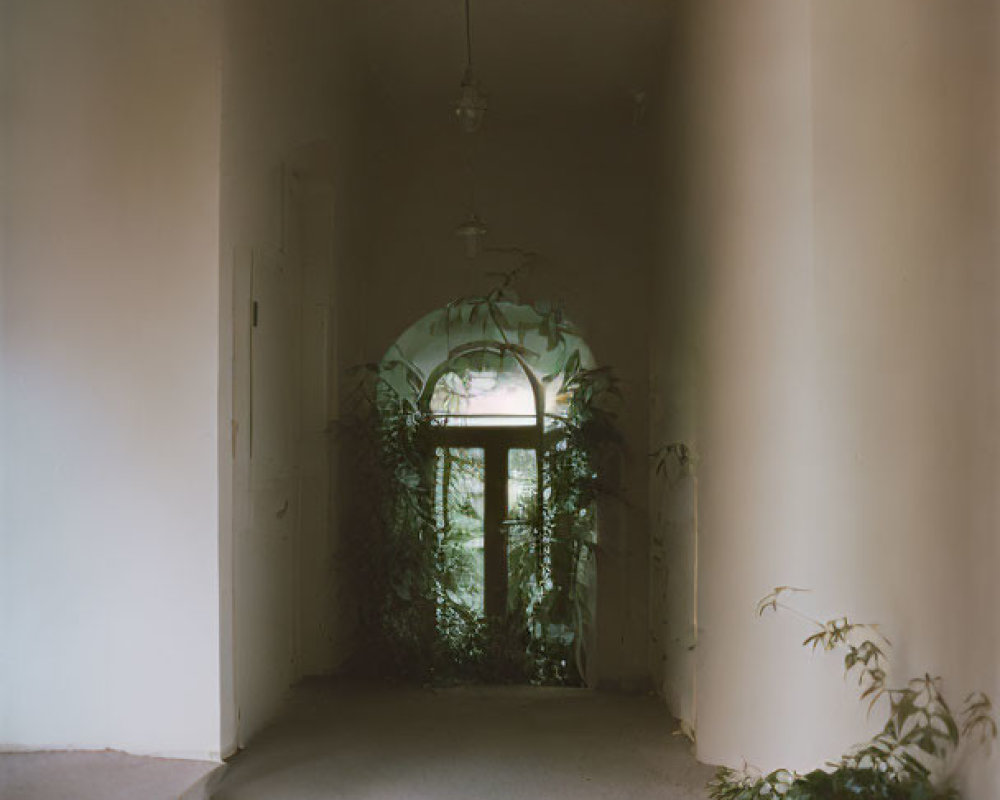 Dimly Lit Corridor with Overgrown Plants and Arched Window