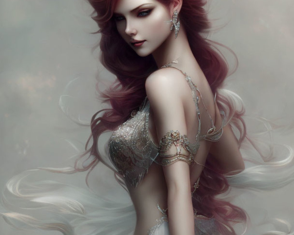 Digital Artwork: Woman with Red Hair, Silver Jewelry, White Dress