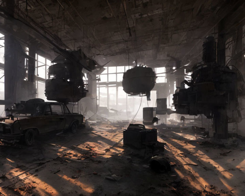 Abandoned industrial hall with dusty windows and dilapidated machinery