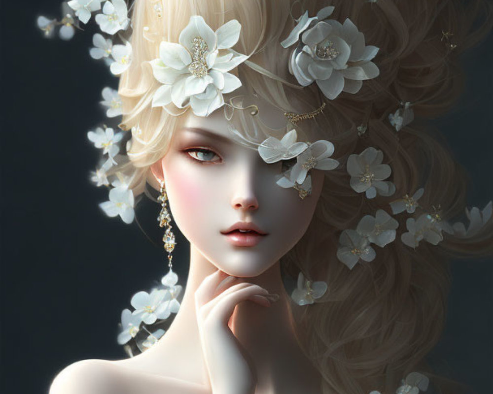Ethereal woman with pale skin and floral hairpieces in gold jewelry