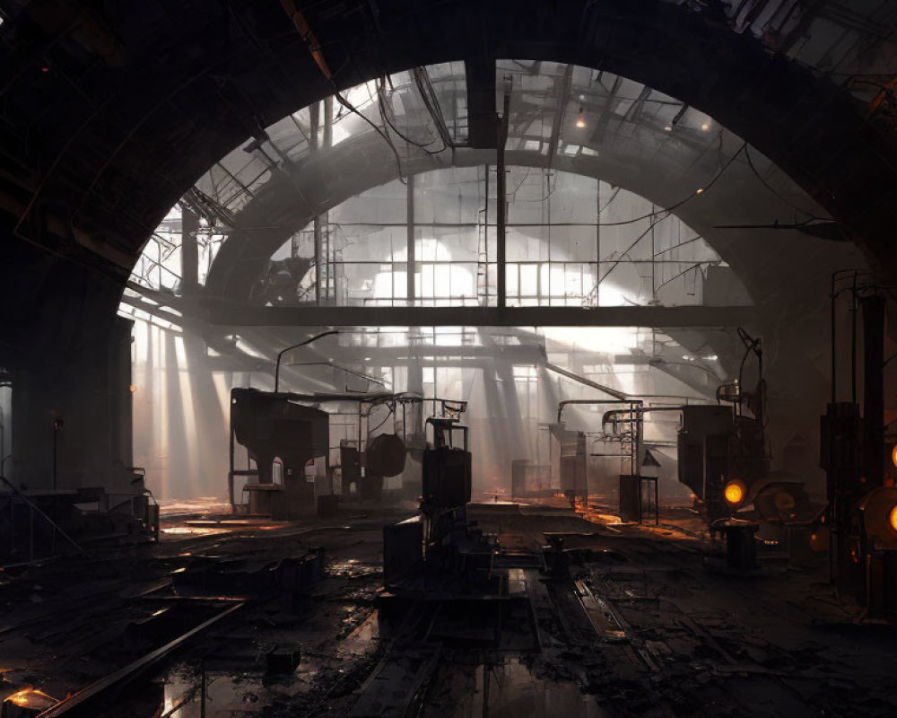 Dimly Lit Industrial Interior with Sunlight Streaming Through Large Windows