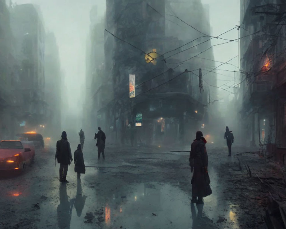 Dystopian city street scene with fog and dilapidated buildings