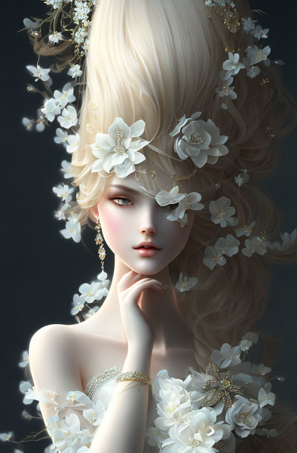 Ethereal woman with pale skin and floral hairpieces in gold jewelry