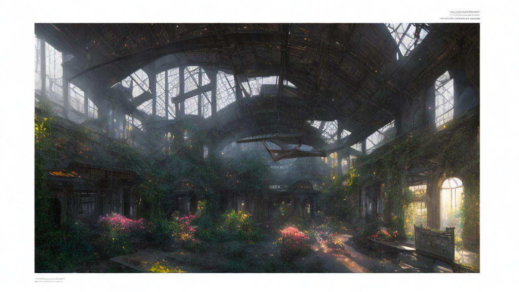 Abandoned train station with broken glass ceilings surrounded by greenery