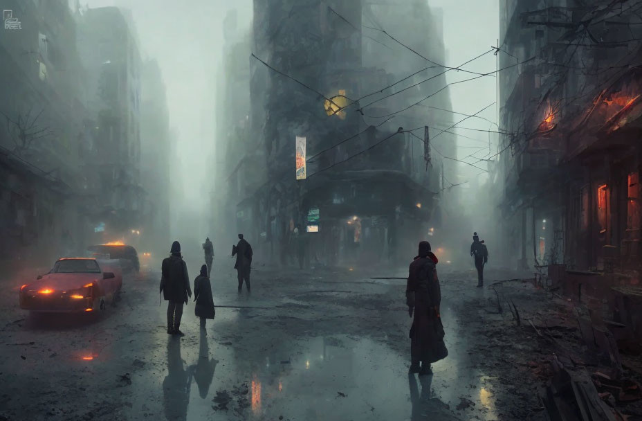 Dystopian city street scene with fog and dilapidated buildings