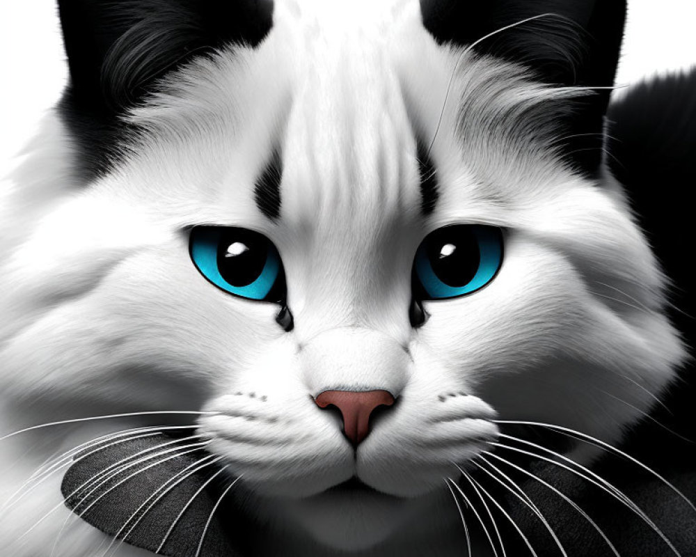 Detailed black and white cat digital illustration with blue eyes and fur texture.
