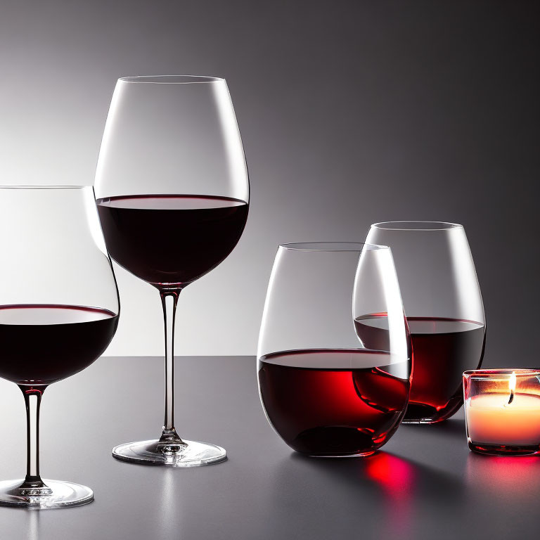 Four wine glasses with red wine on reflective surface and candle, gray gradient background