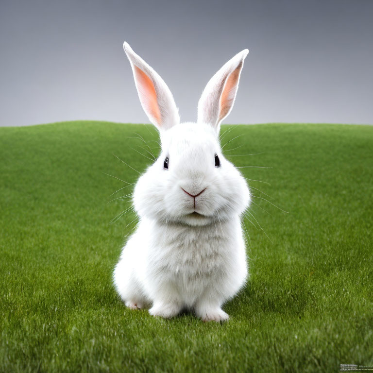 White Rabbit Sitting on Lush Green Grass Against Soft Gray Background