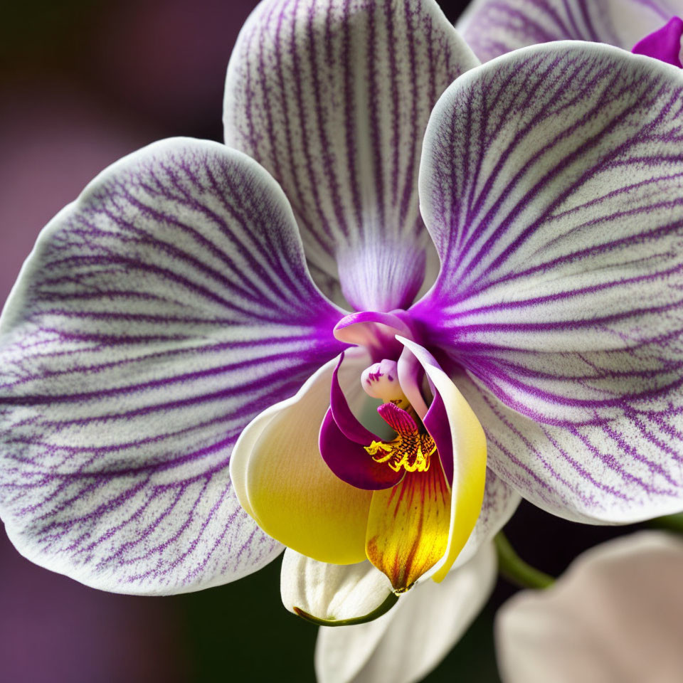 Purple-striped white orchid with vibrant yellow and magenta center on blurred purple backdrop
