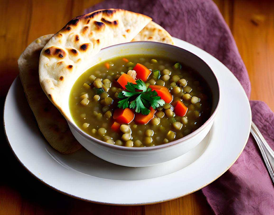 Bowl of Lentil Soup with Carrots and Flatbread on Wooden Table