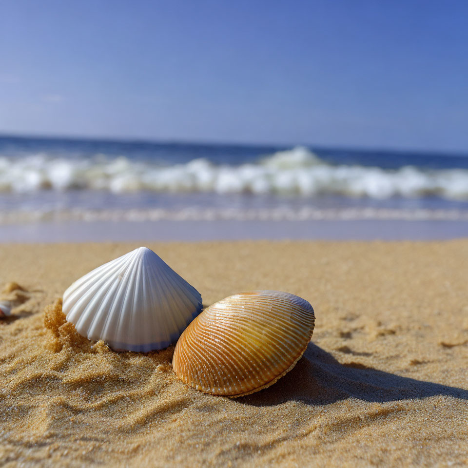 Seashells on Sandy Beach with Waves and Blue Sky