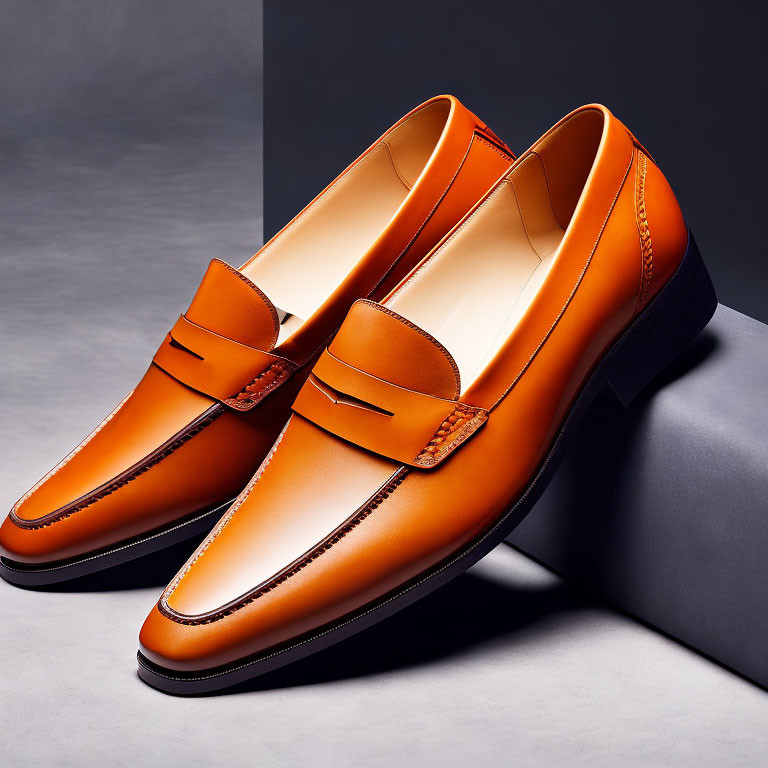 Polished Orange Loafers on Gray Backdrop with Subtle Shadowing