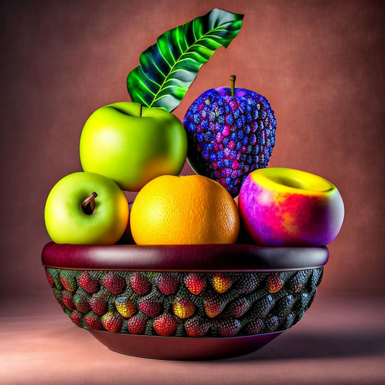 Vibrant fruit bowl with apples, orange, peach, and berries on warm background