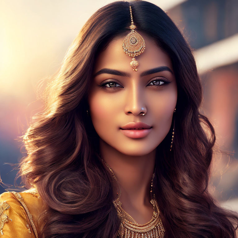 Woman with Wavy Hair, Nose Ring, and Ornate Headpiece in Golden Outfit