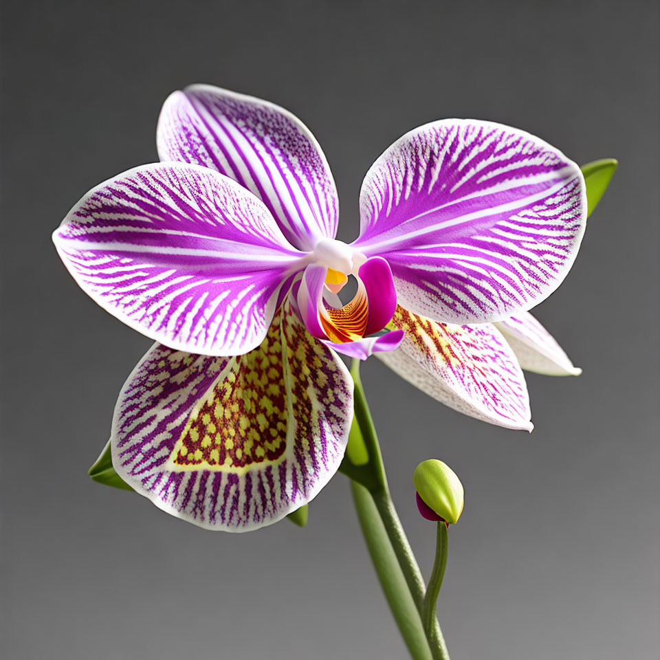 Striped Purple and White Orchid with Detailed Petal Pattern on Grey Background