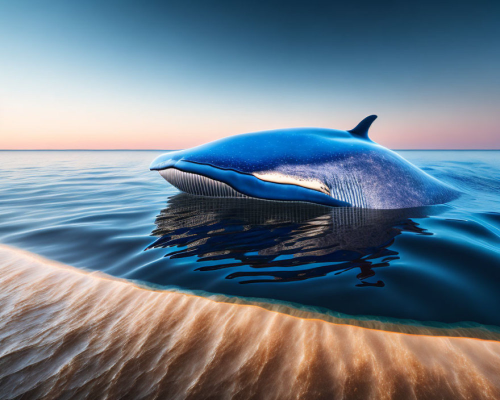 Giant blue whale breaching calm ocean at sunset
