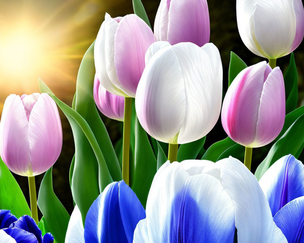 Colorful Tulips in Purple, White, and Blue with Sunlight and Blurred Background