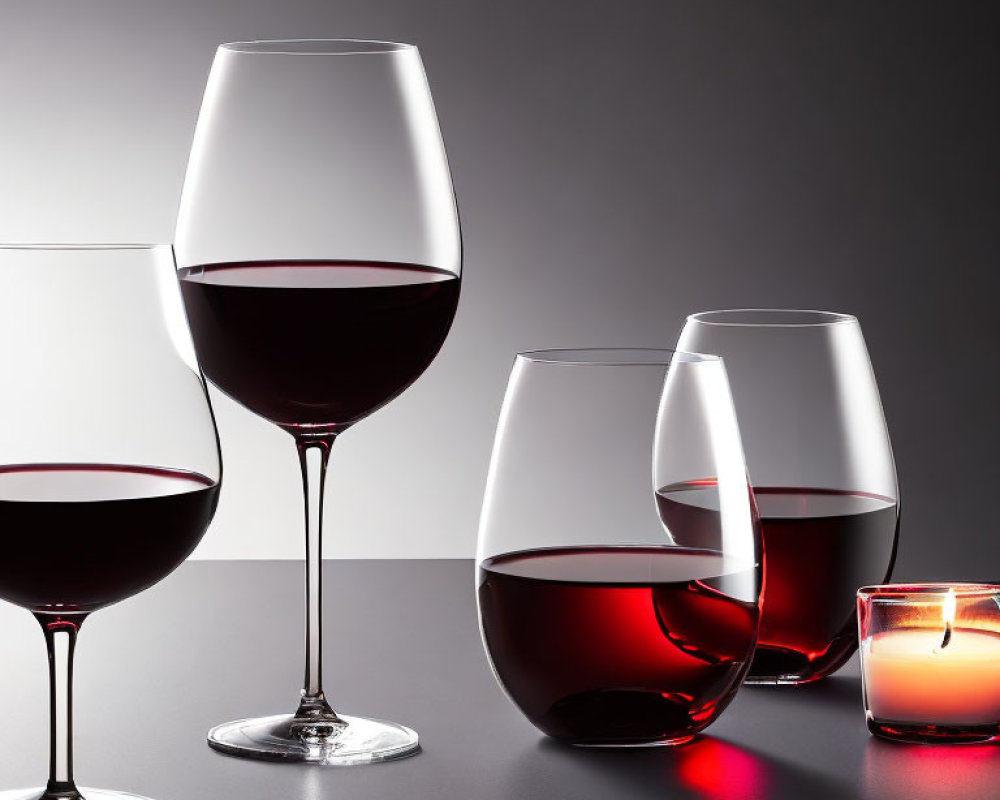 Four wine glasses with red wine on reflective surface and candle, gray gradient background