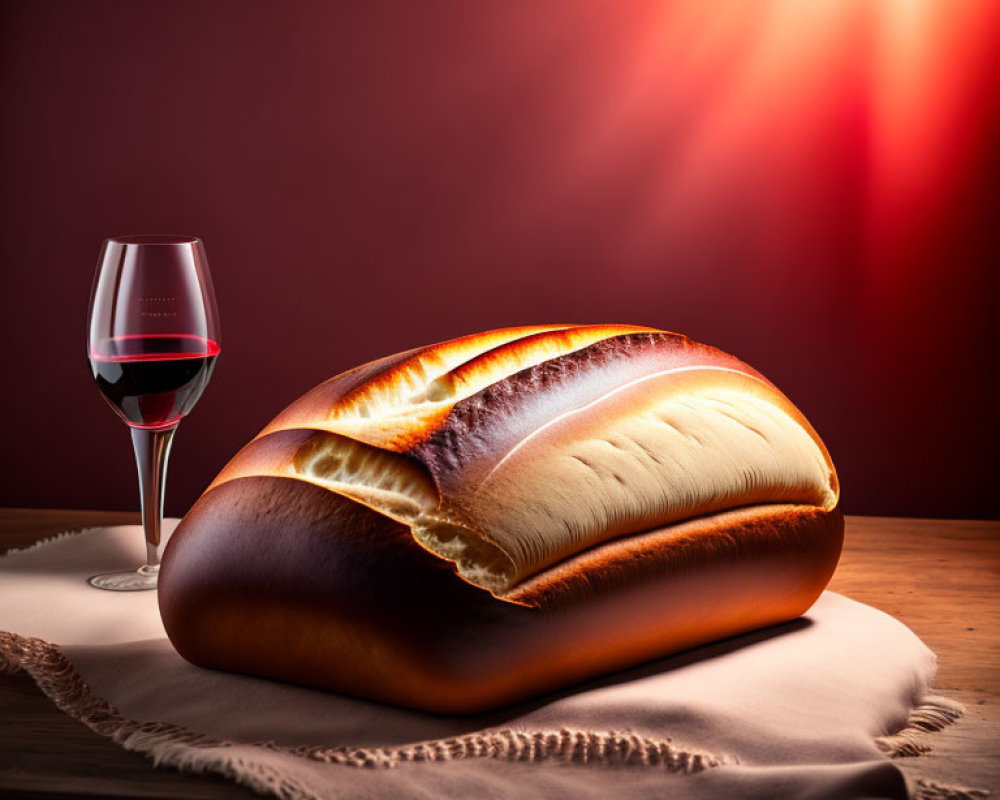 Freshly Baked Bread and Red Wine on Wooden Table