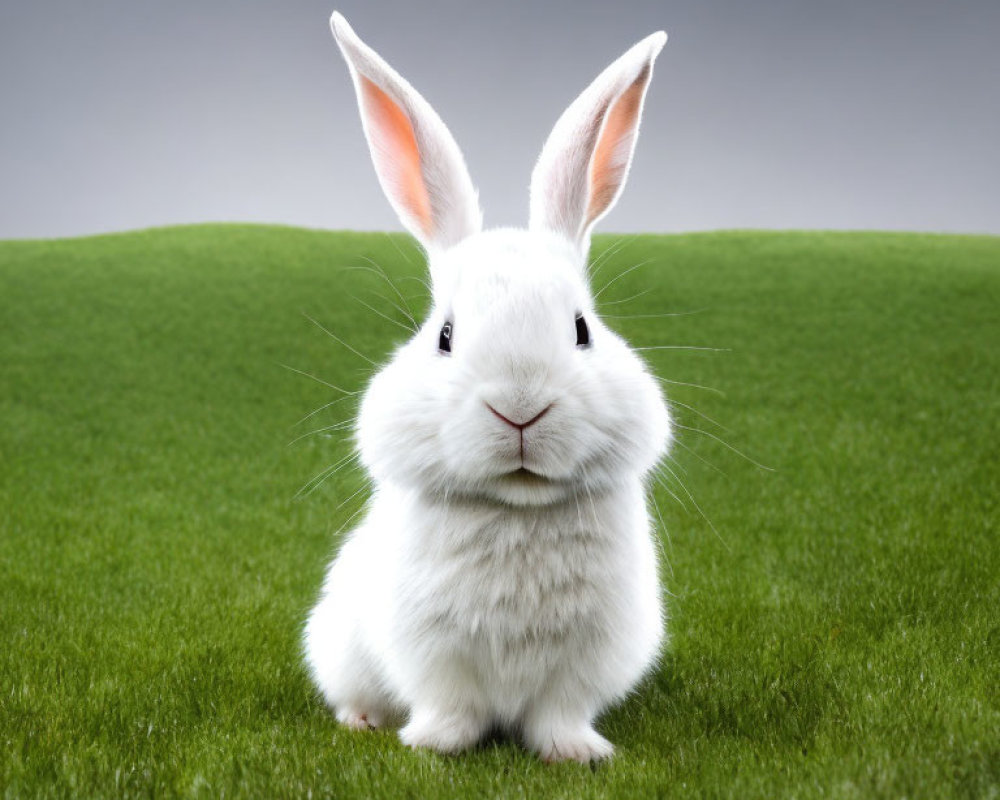 White Rabbit Sitting on Lush Green Grass Against Soft Gray Background