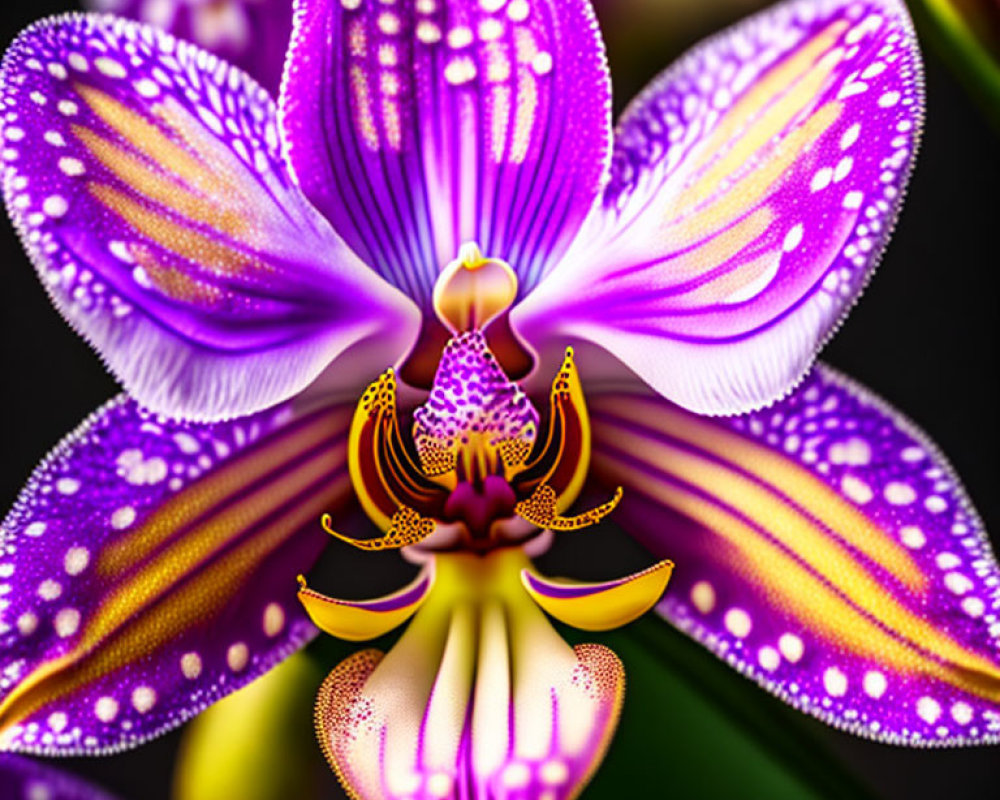 Vibrant purple and yellow orchid with dotted patterns on petals against dark background