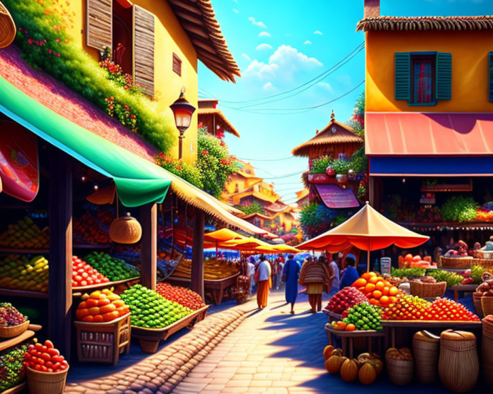 Colorful marketplace with fresh produce stalls and bustling shoppers on a sunny day