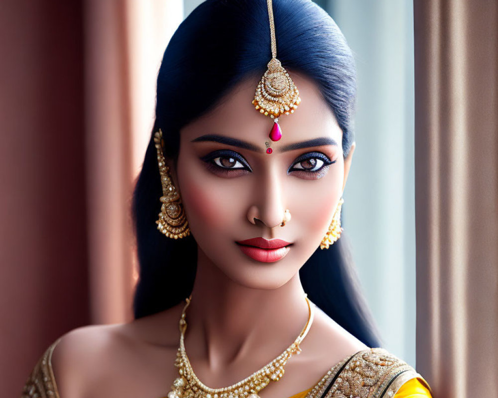 Traditional Indian jewelry and makeup on woman in yellow saree