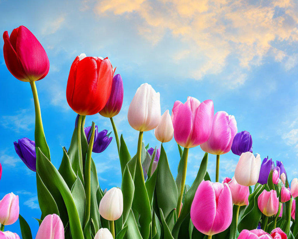 Vibrant tulips under blue sky at sunset